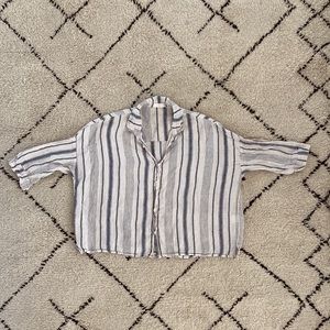 CP Shades Rooney 100% Linen Crop Button Down Top Blue/White Stripe Sz L